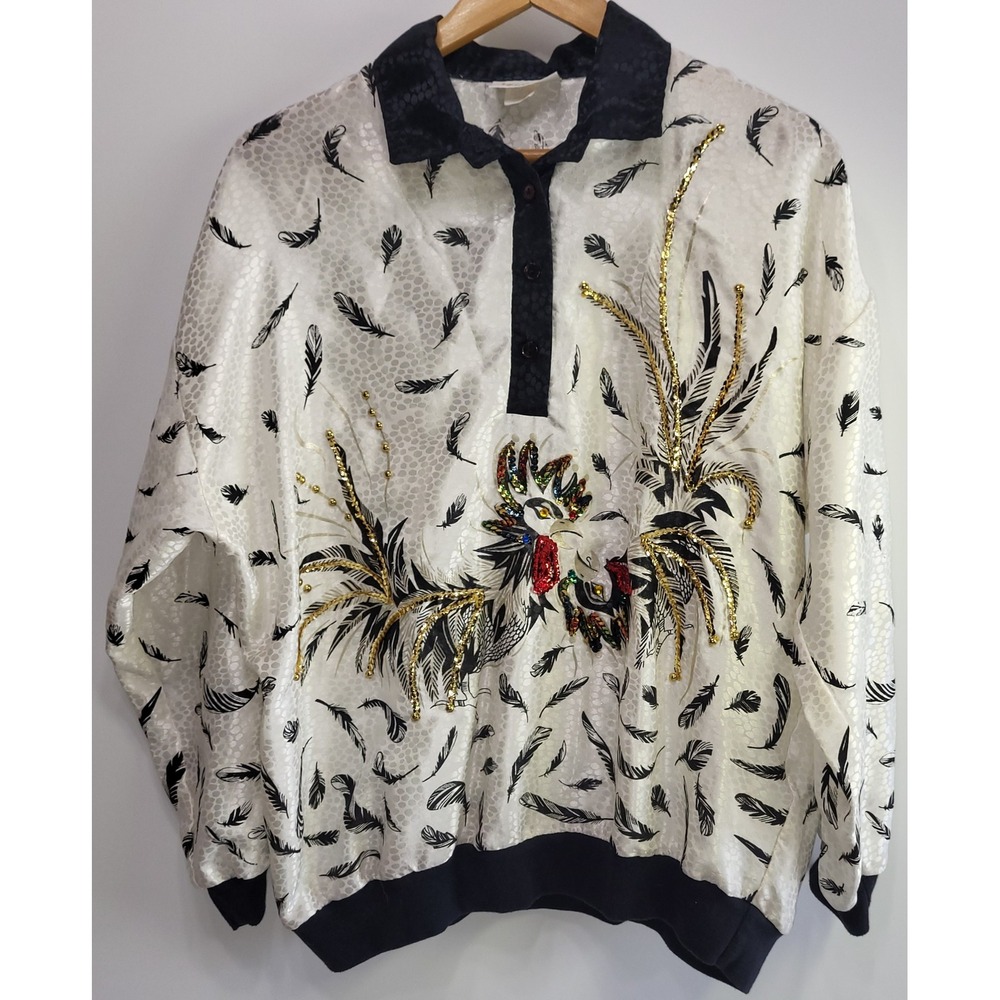 Y2K Maximalist Rooster Sequin Blouse Top Western Glam‎ Jordana USA Vintage L/XL